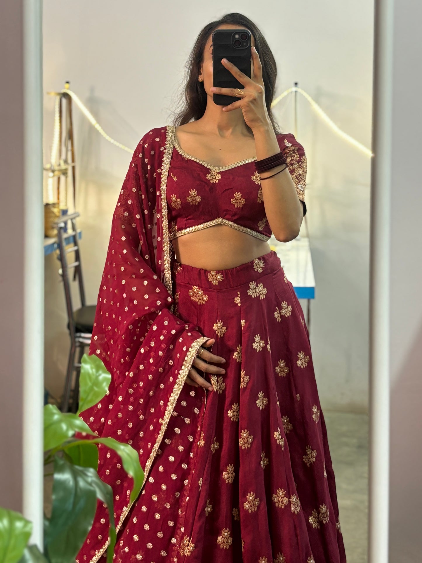 Maroon pure dola silk lehenga set