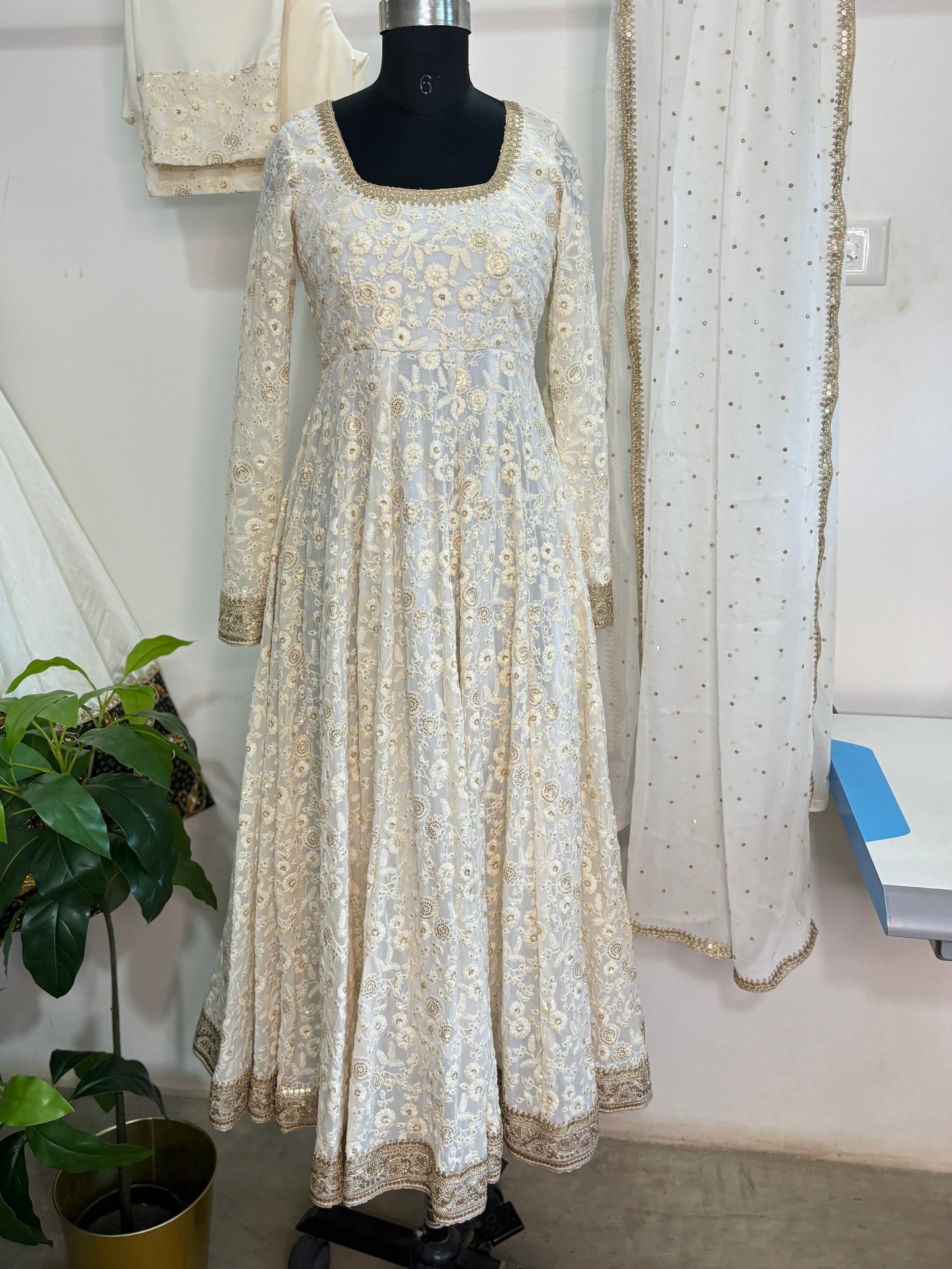 Off white embroidered Anarkali set