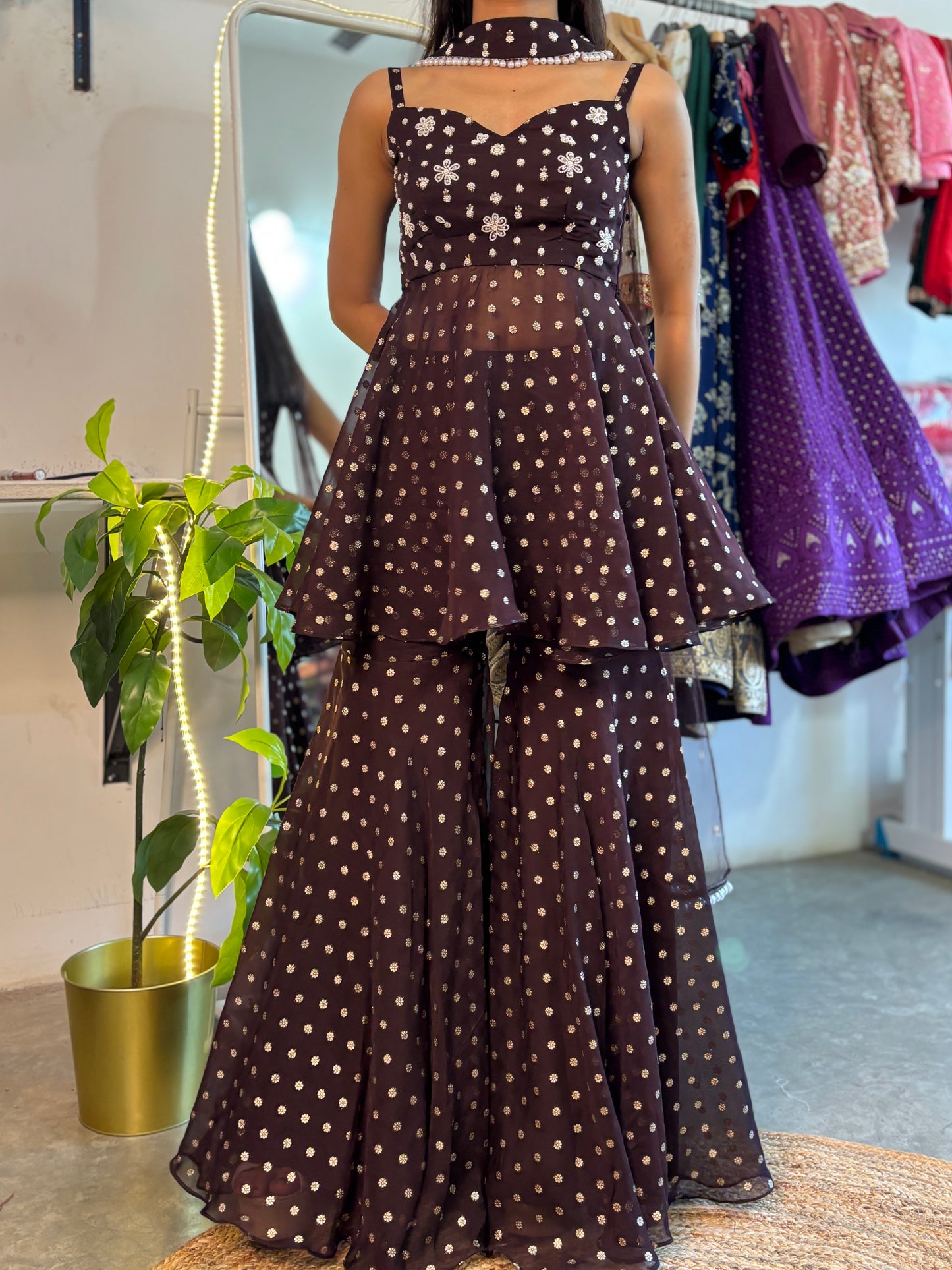 Coffee brown handwork peplum sharara set