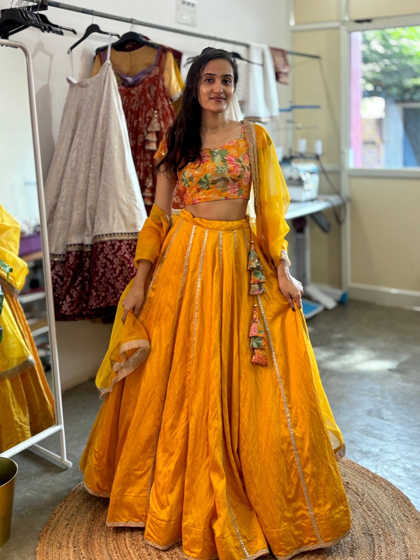 Yellow chanderi lehenga set with floral sequin work blouse