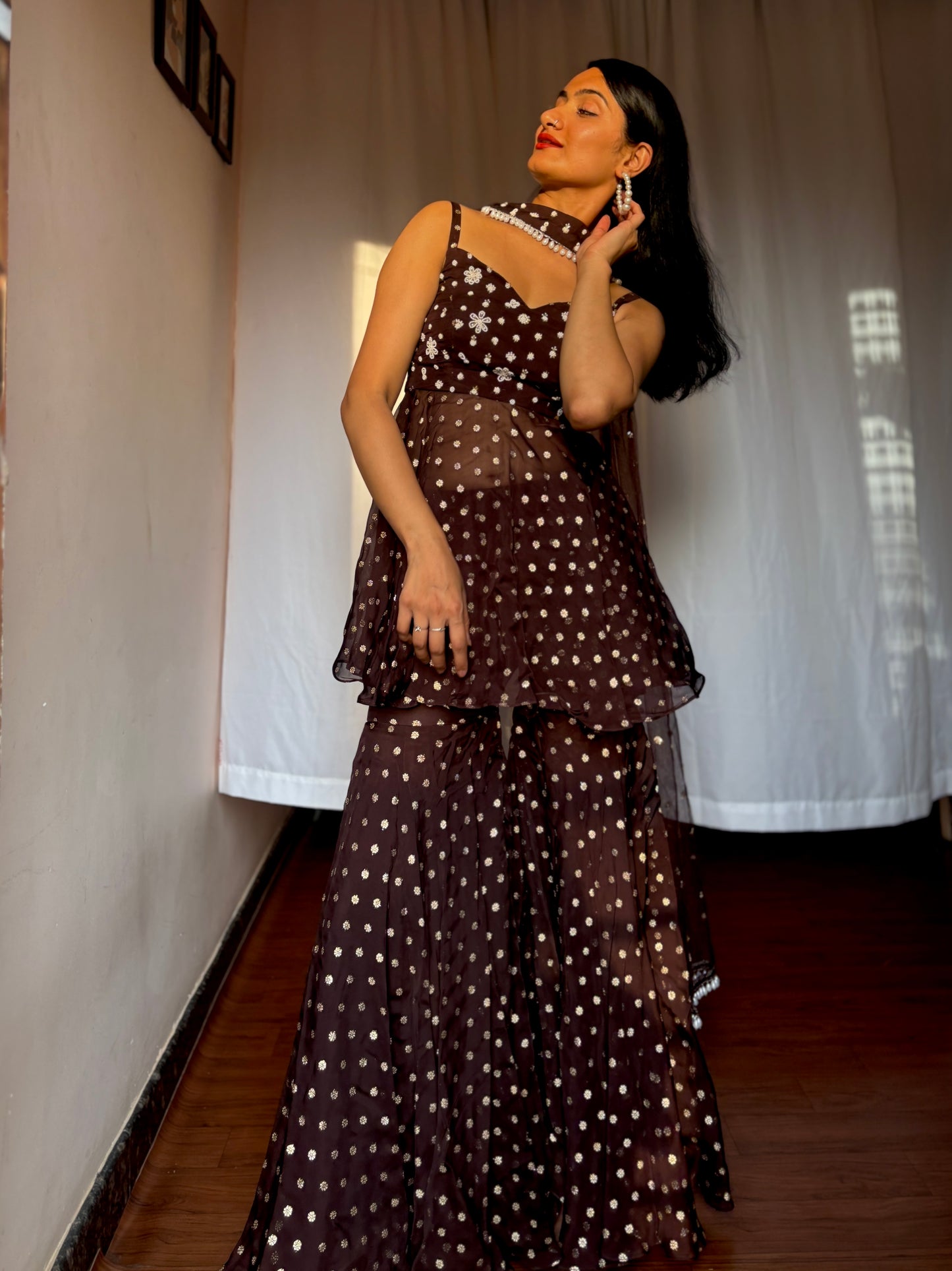 Coffee brown handwork peplum sharara set