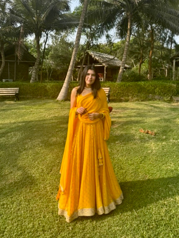 Yellow sequin work lehenga set