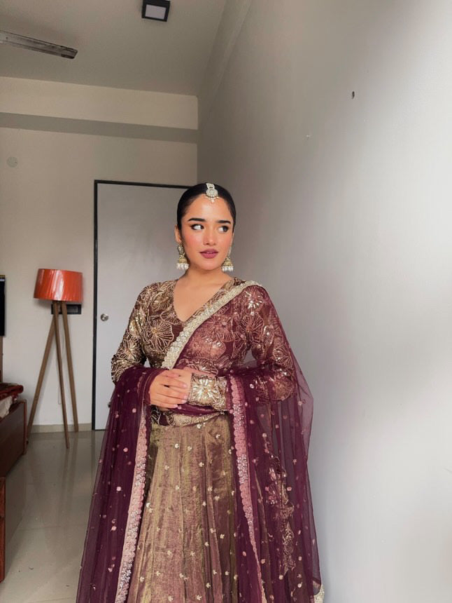 Golden olive tissue lehenga set