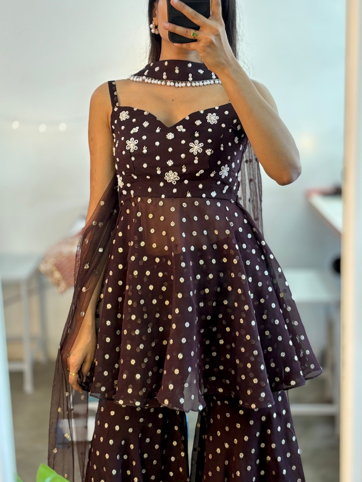 Coffee brown handwork peplum sharara set