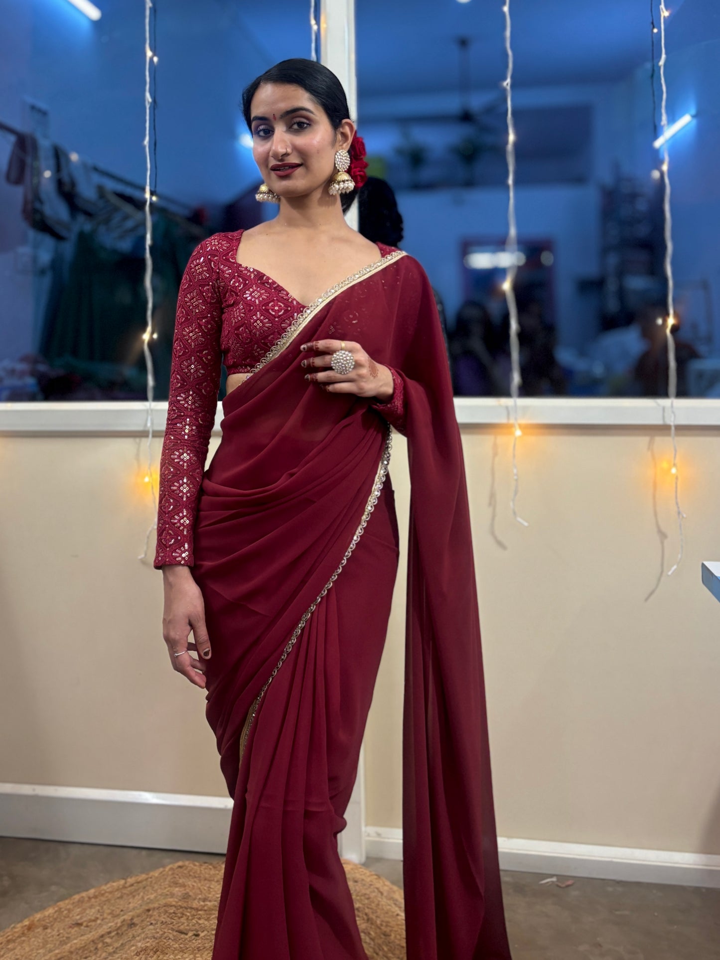 Maroon Georgette predraped saree