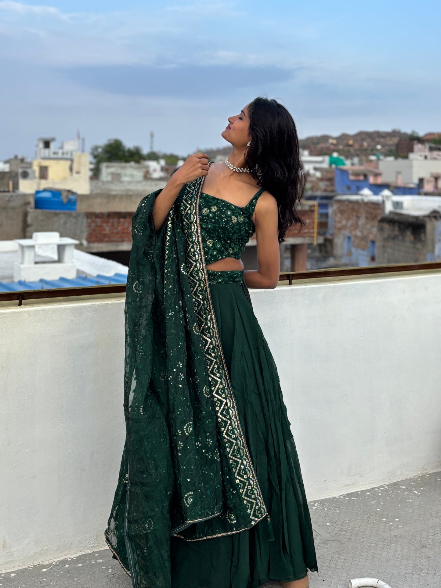 Bottle green corset-Lehenga set