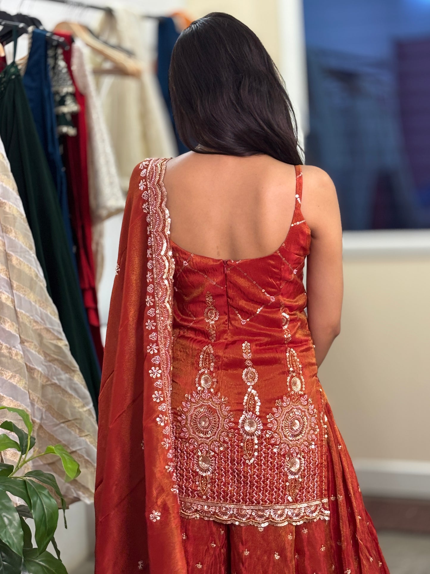 Rust orange tissue heavy work kurta palazzo set