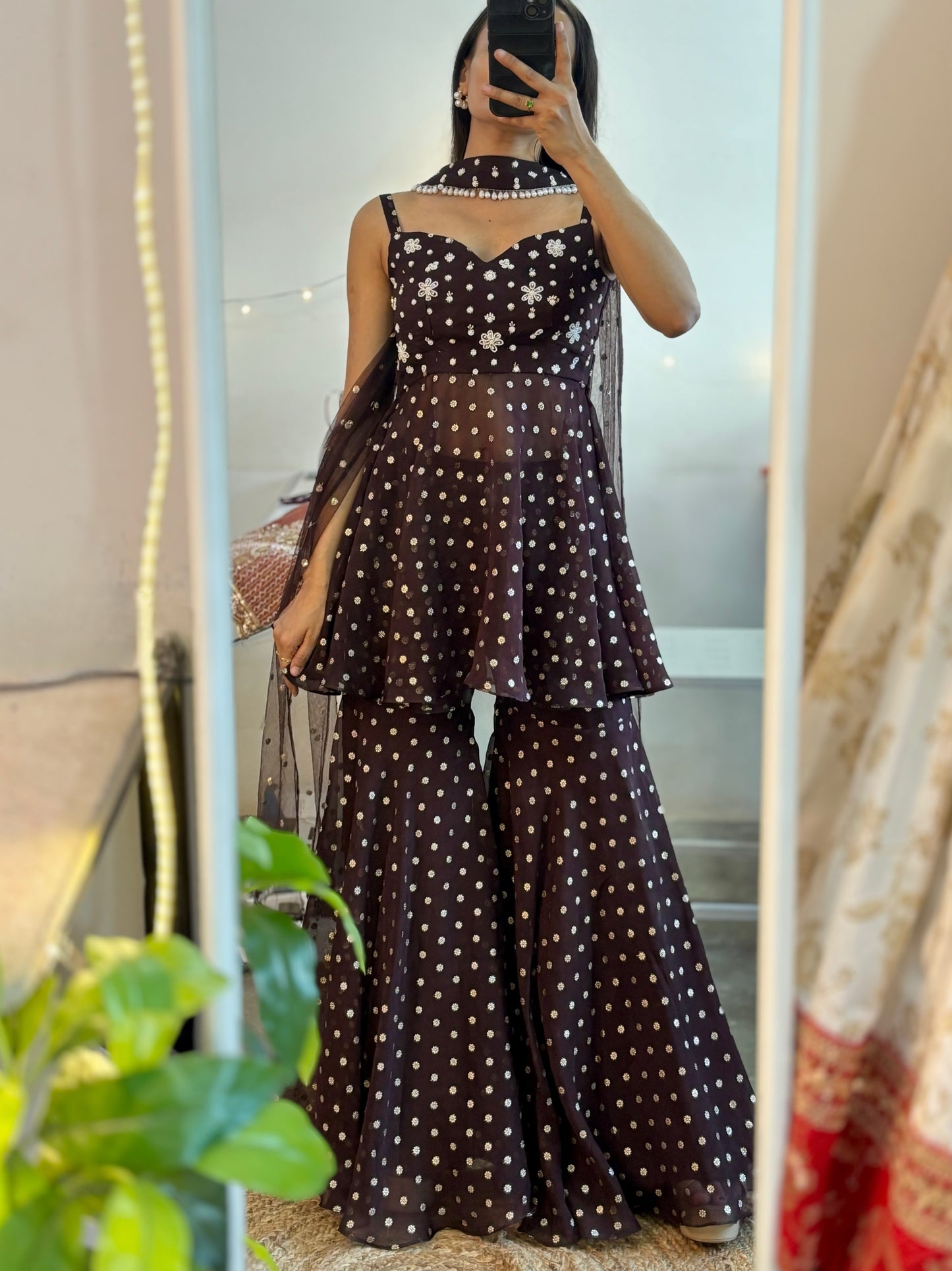Coffee brown handwork peplum sharara set