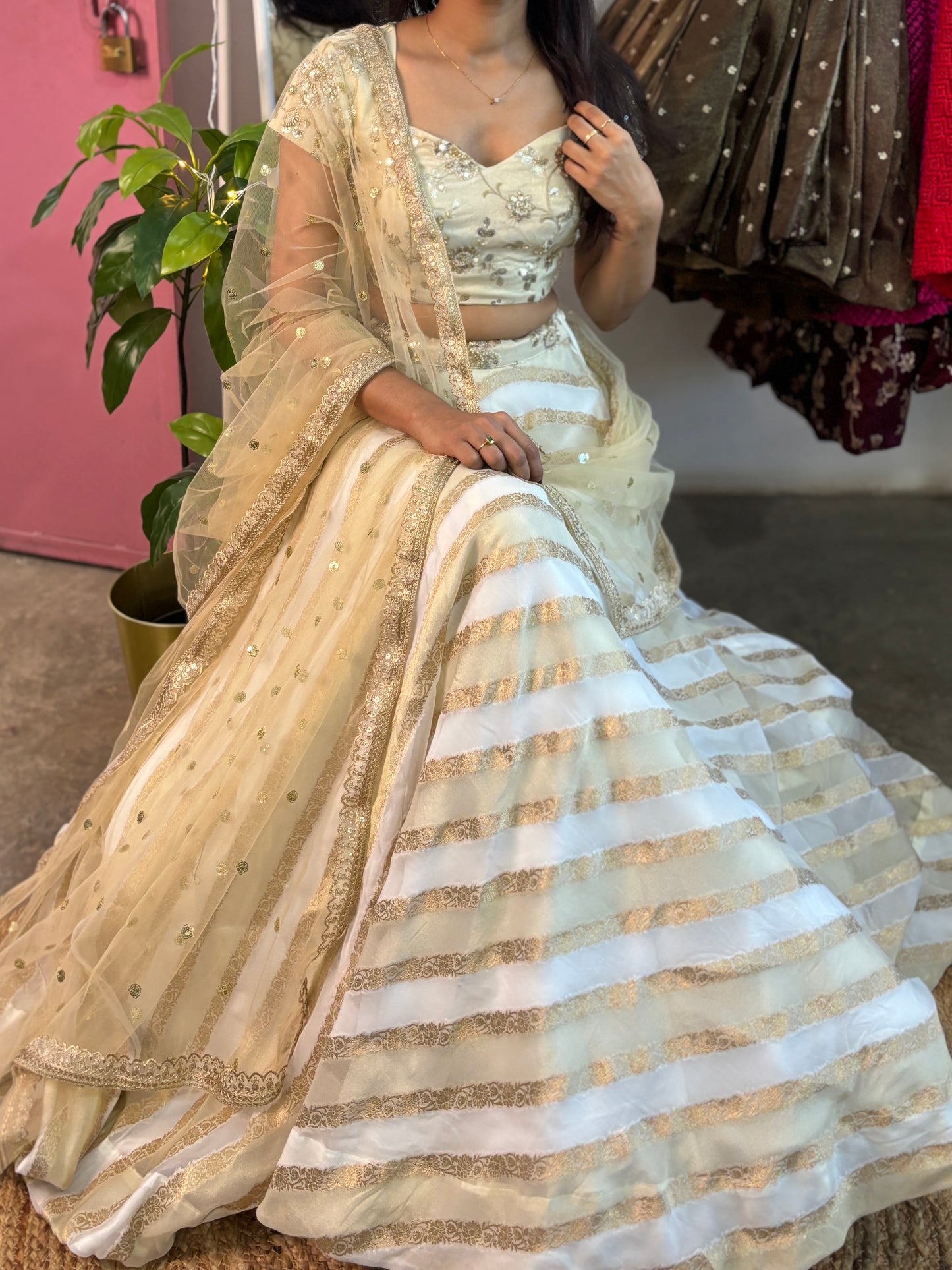 Ivory tissue-organza lehenga set