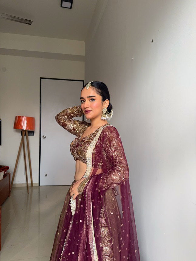 Golden olive tissue lehenga set