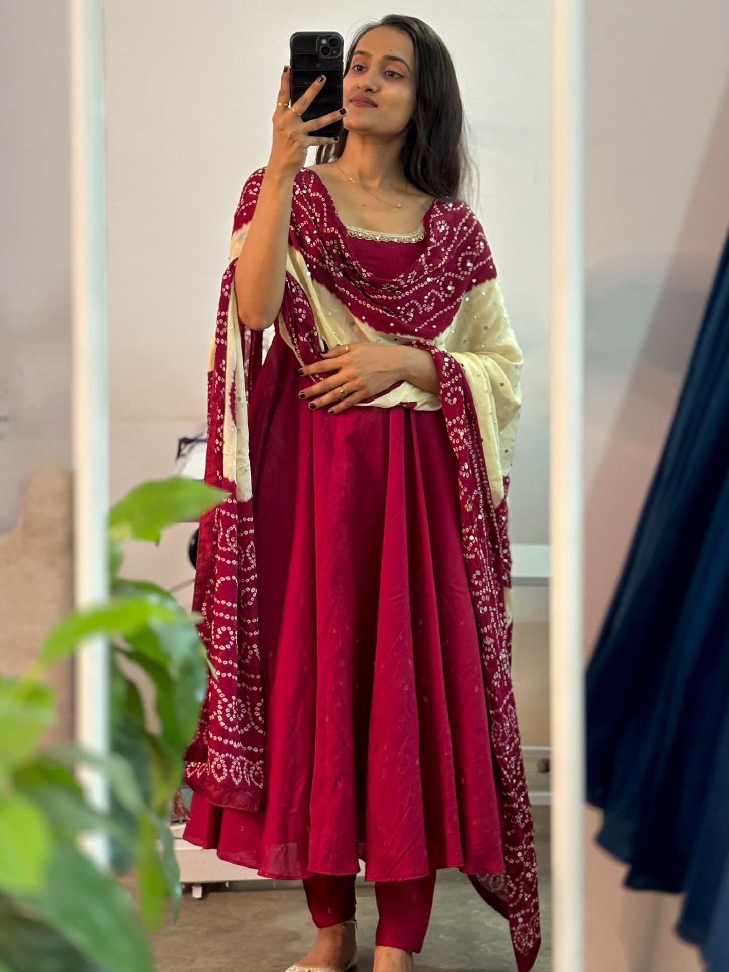 Maroon Anarkali with bandhani print and mirror work dupatta