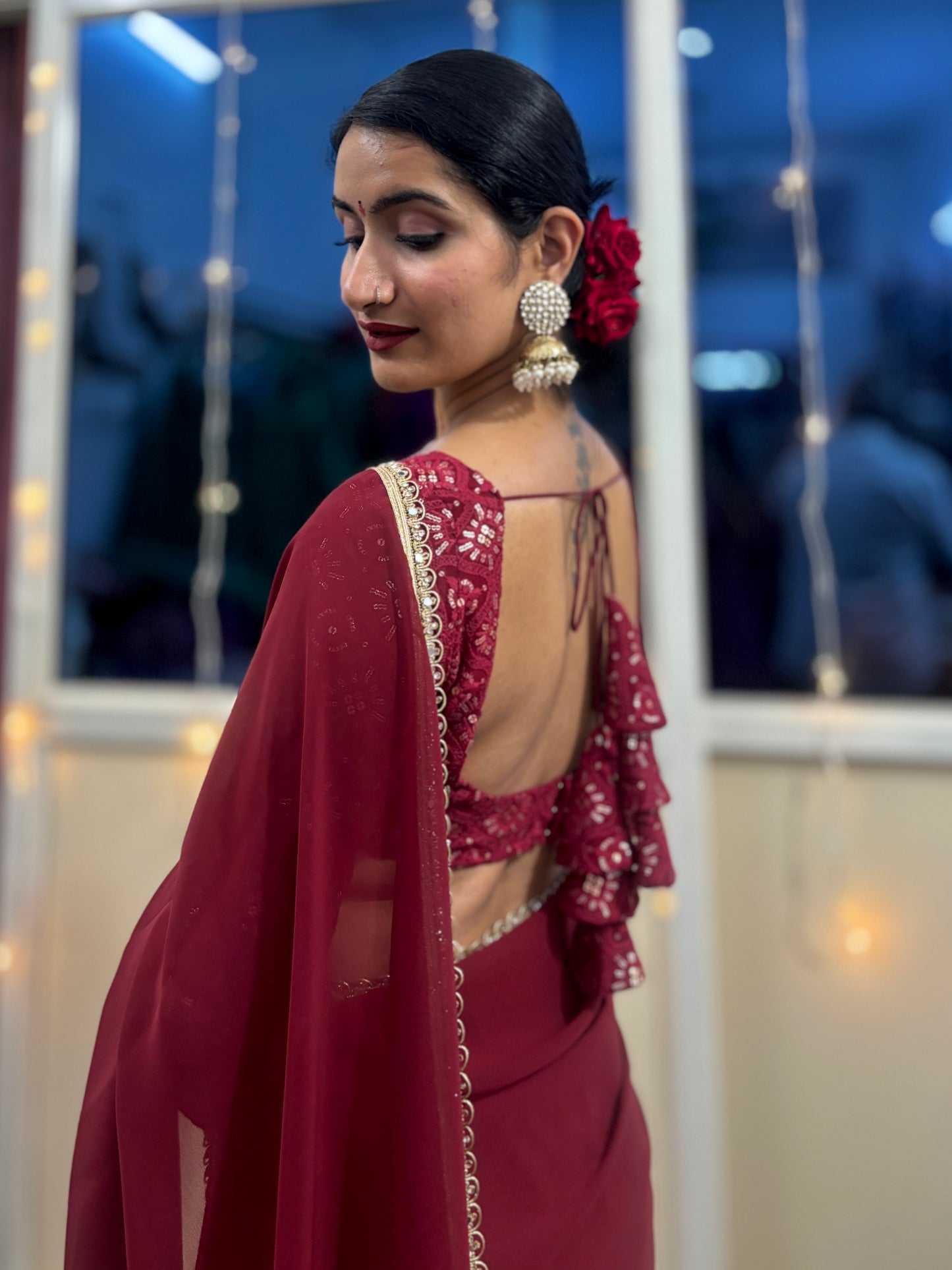 Maroon Georgette predraped saree