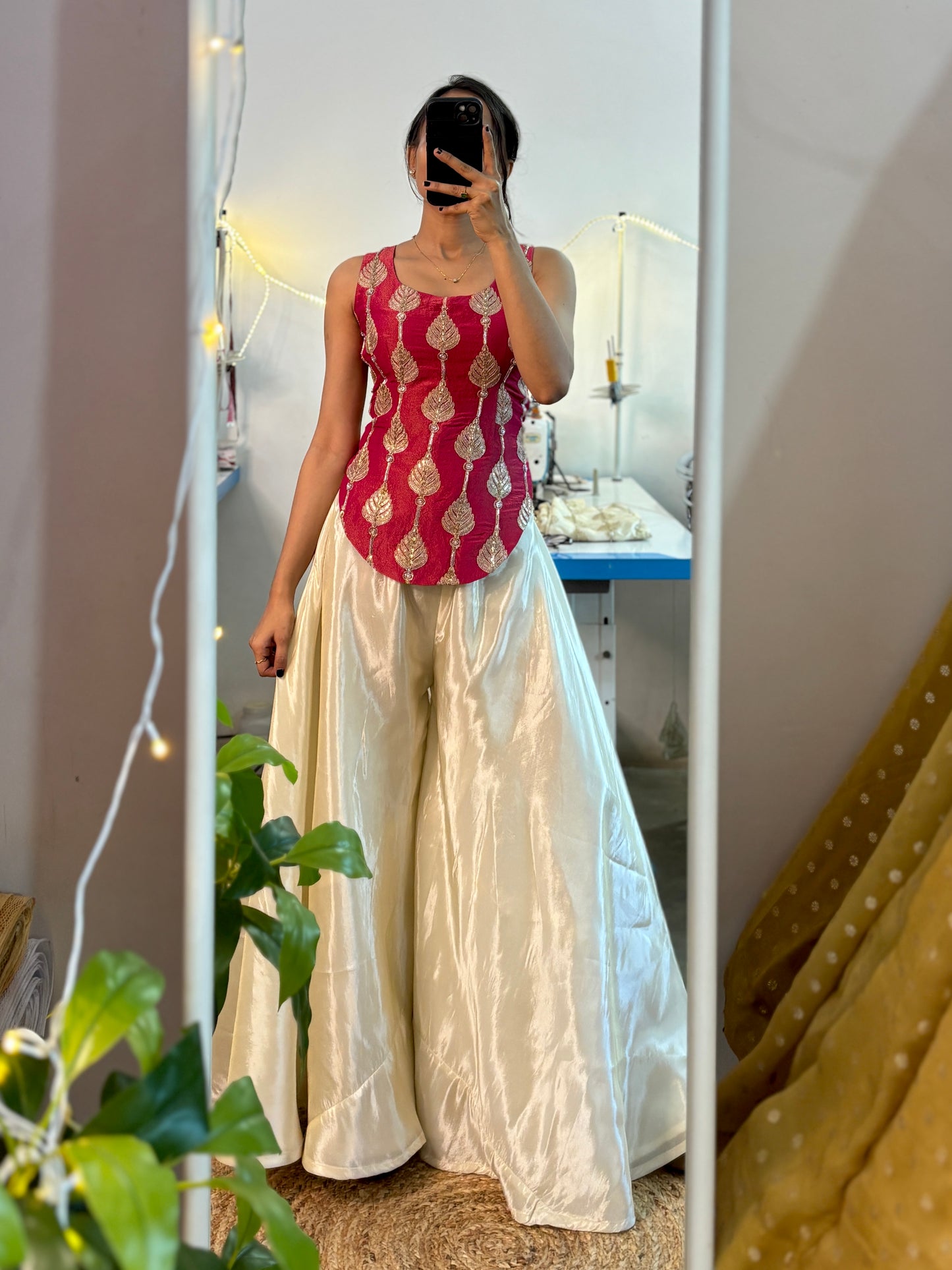 Tissue hot pink zari work backless top and ivory palazzo set