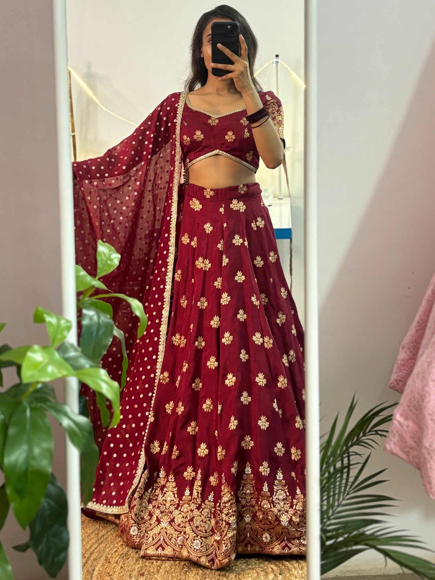 Maroon pure dola silk lehenga set