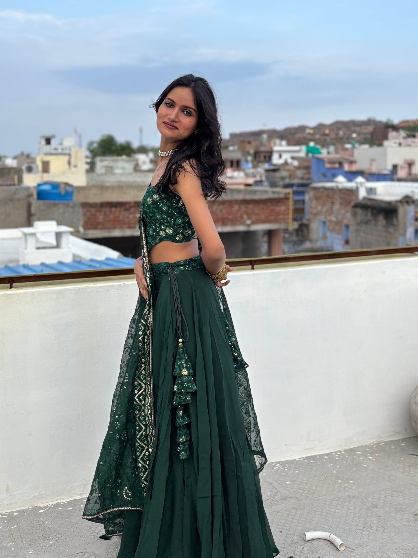 Bottle green corset-Lehenga set