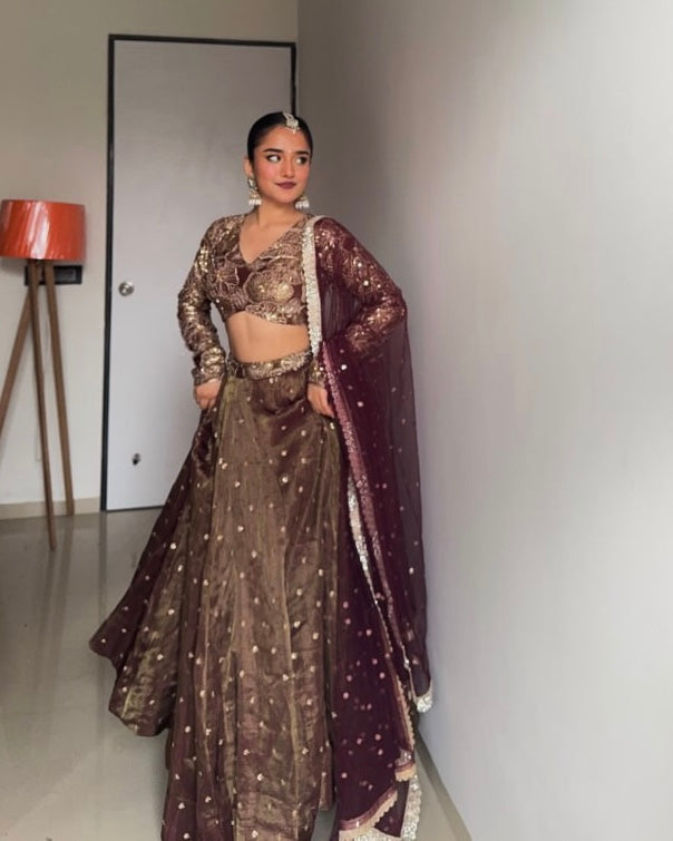 Golden olive tissue lehenga set