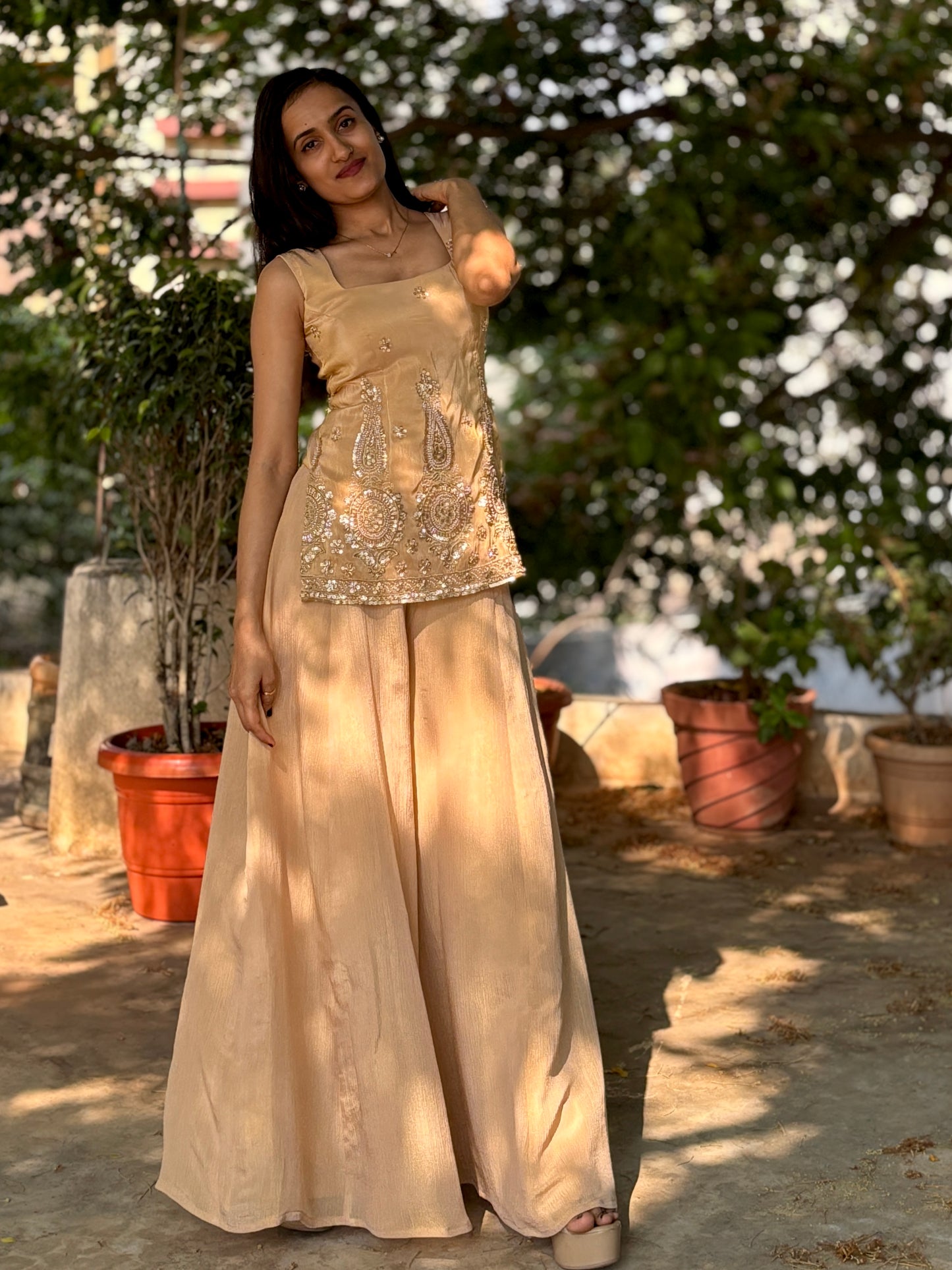 Cream tissue backless kurti palazzo set