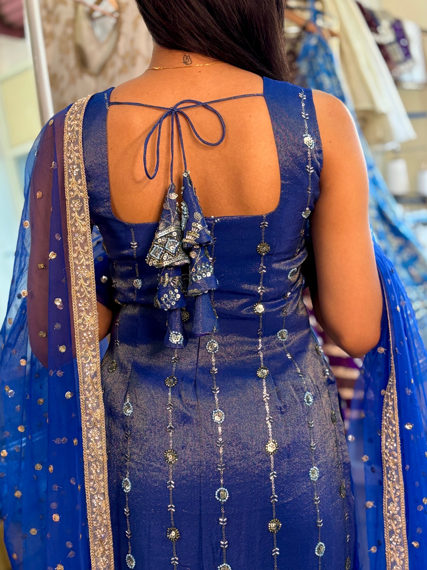 Royal blue tissue, heavy work, Kurta suit set