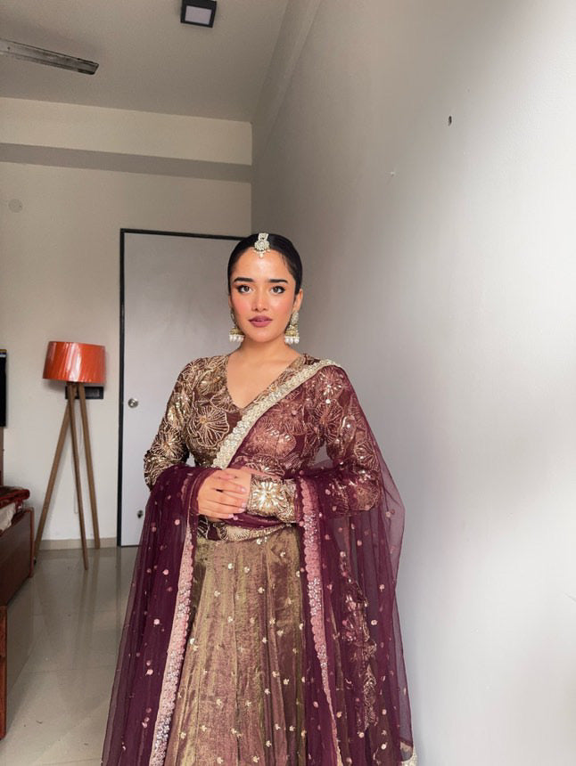 Golden olive tissue lehenga set
