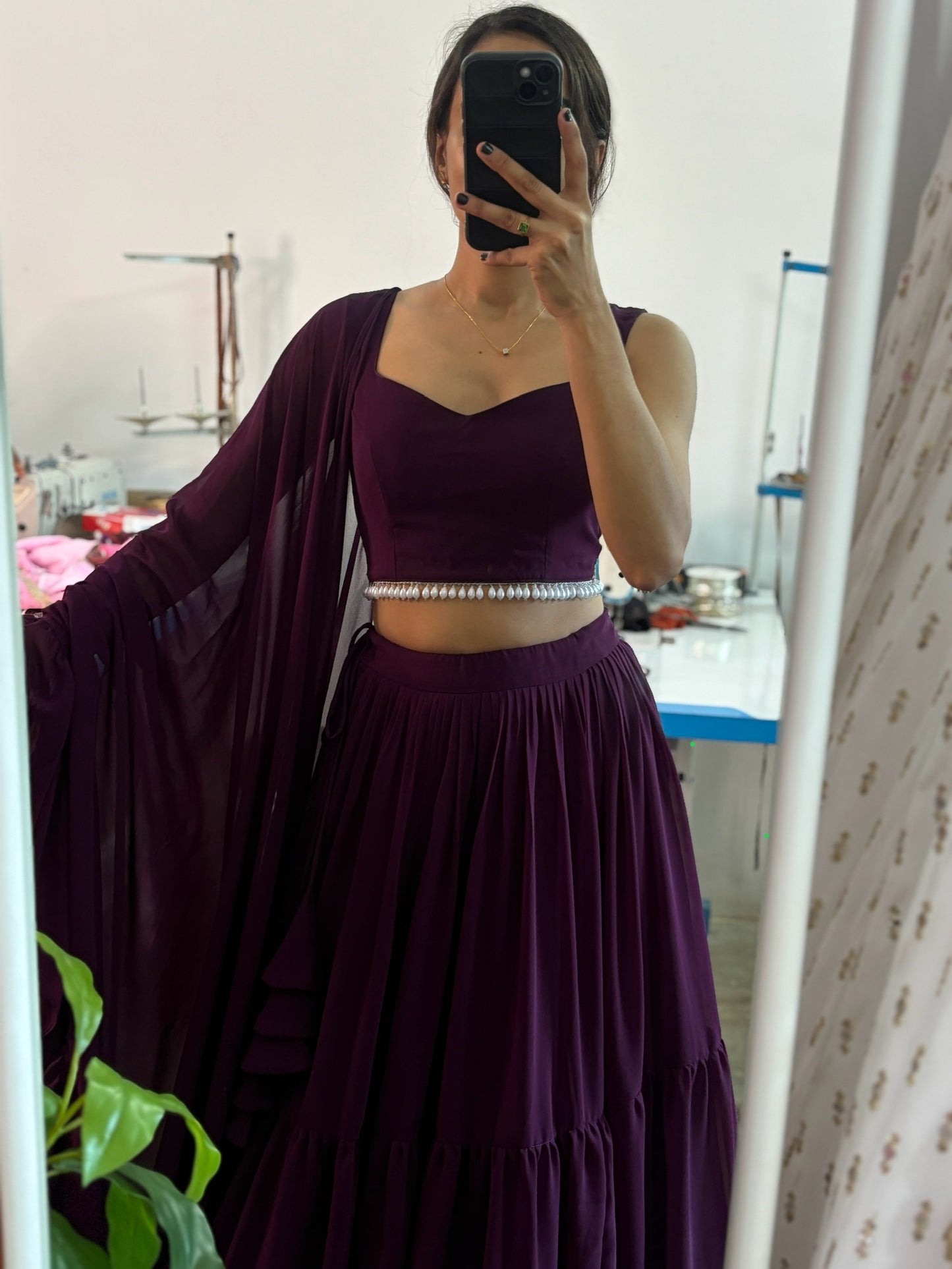 Plum georgette tiered Lehenga set