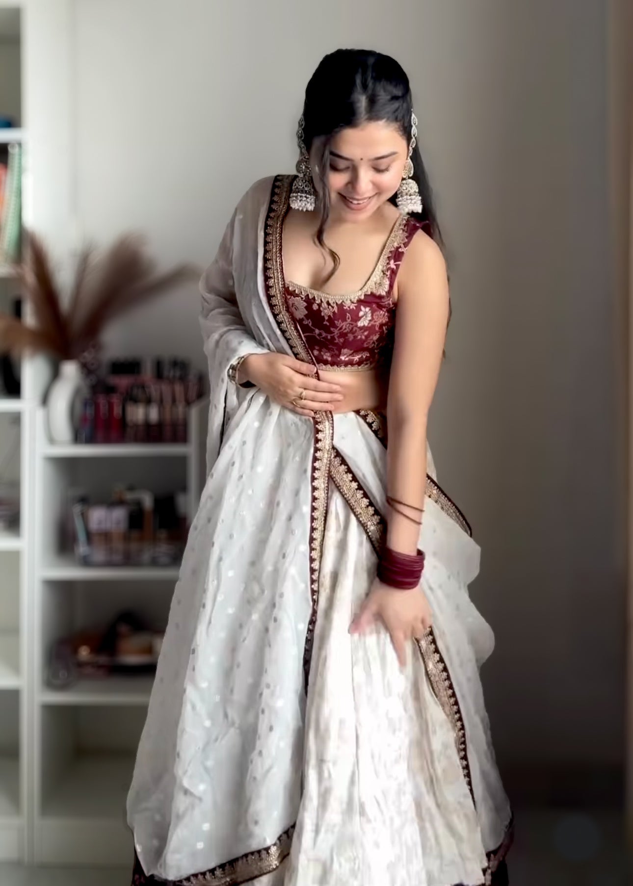 White-maroon silk lehenga set