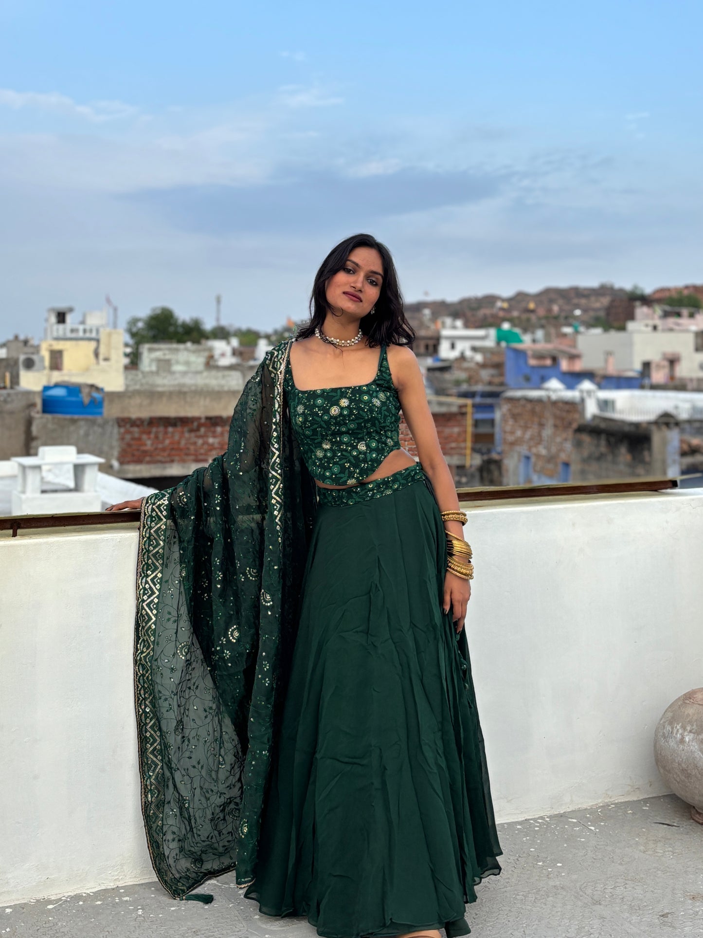 Bottle green corset-Lehenga set
