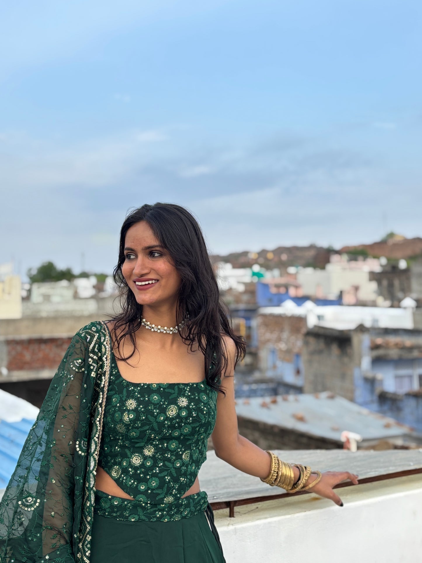 Bottle green corset-Lehenga set