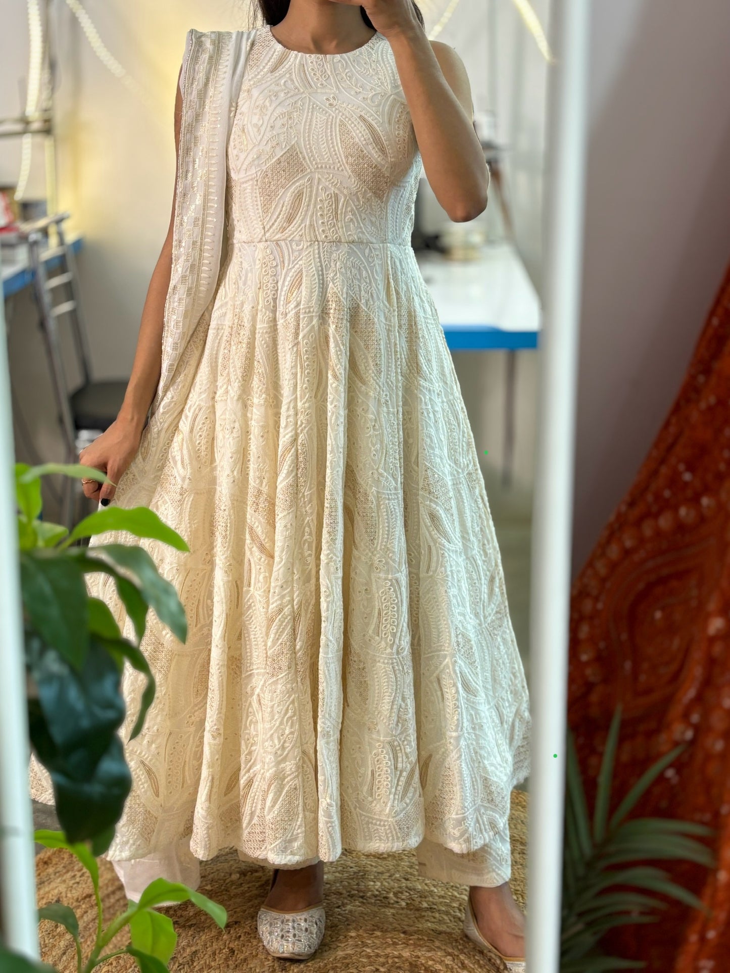 Off-white embroidered halter neck Anarkali set