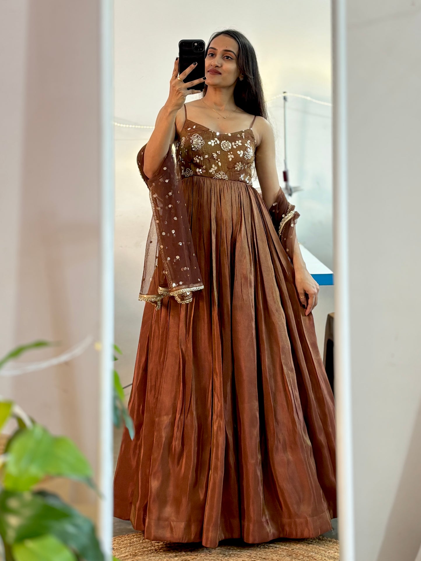 Golden brown tissue, long Anarkali with Duppatta