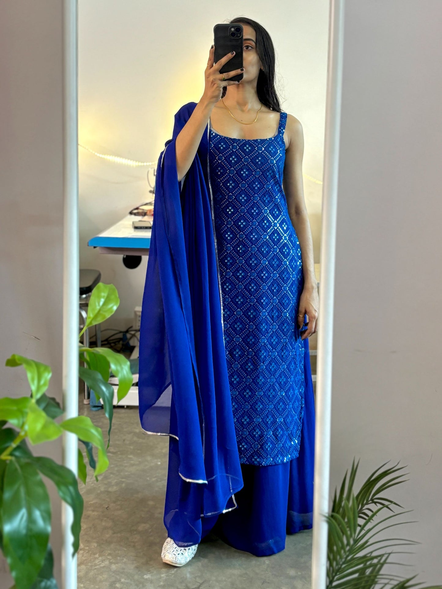 Royal blue embroidered palazzo suit set