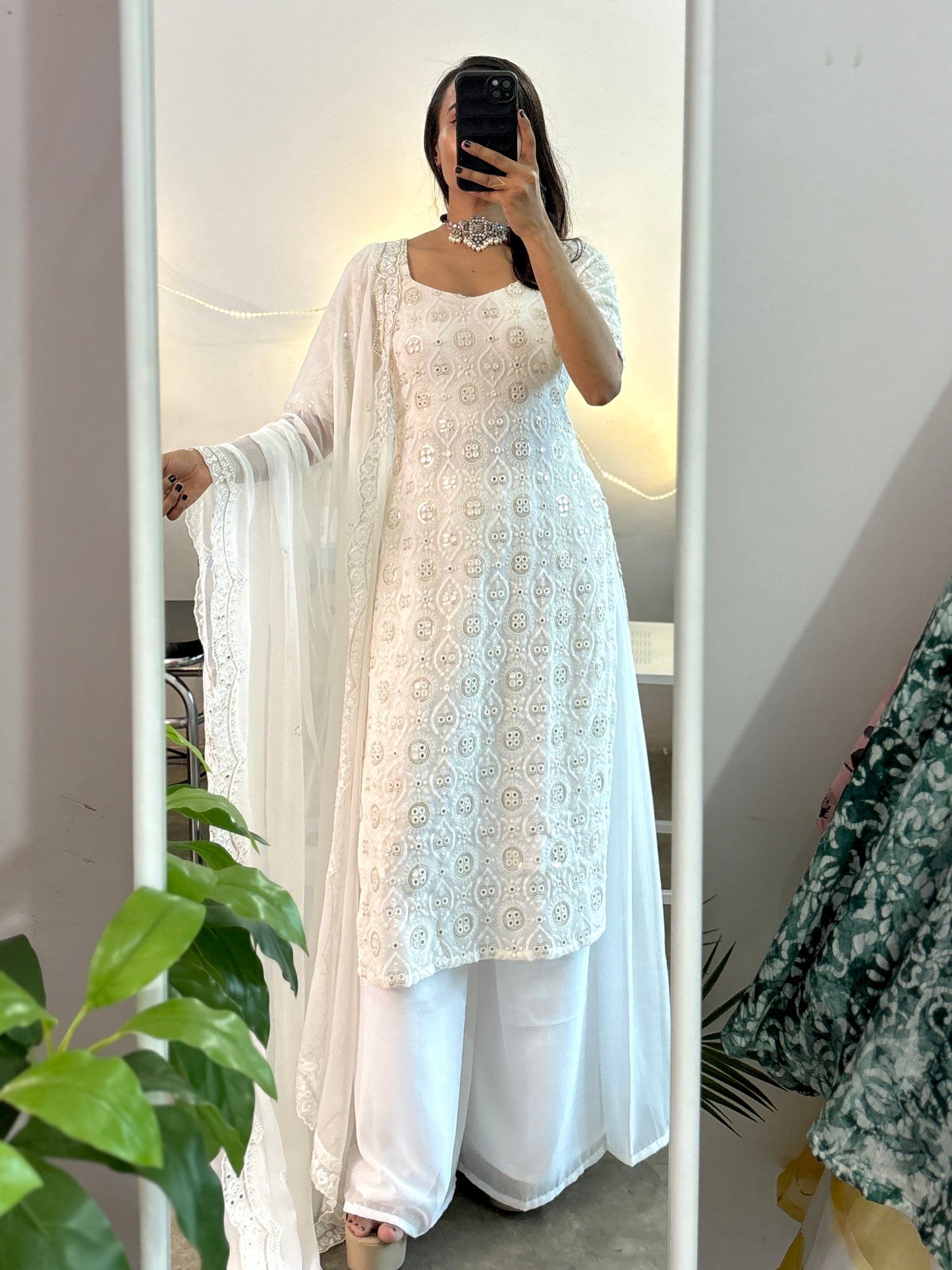 White embroidered kurta palazzo set