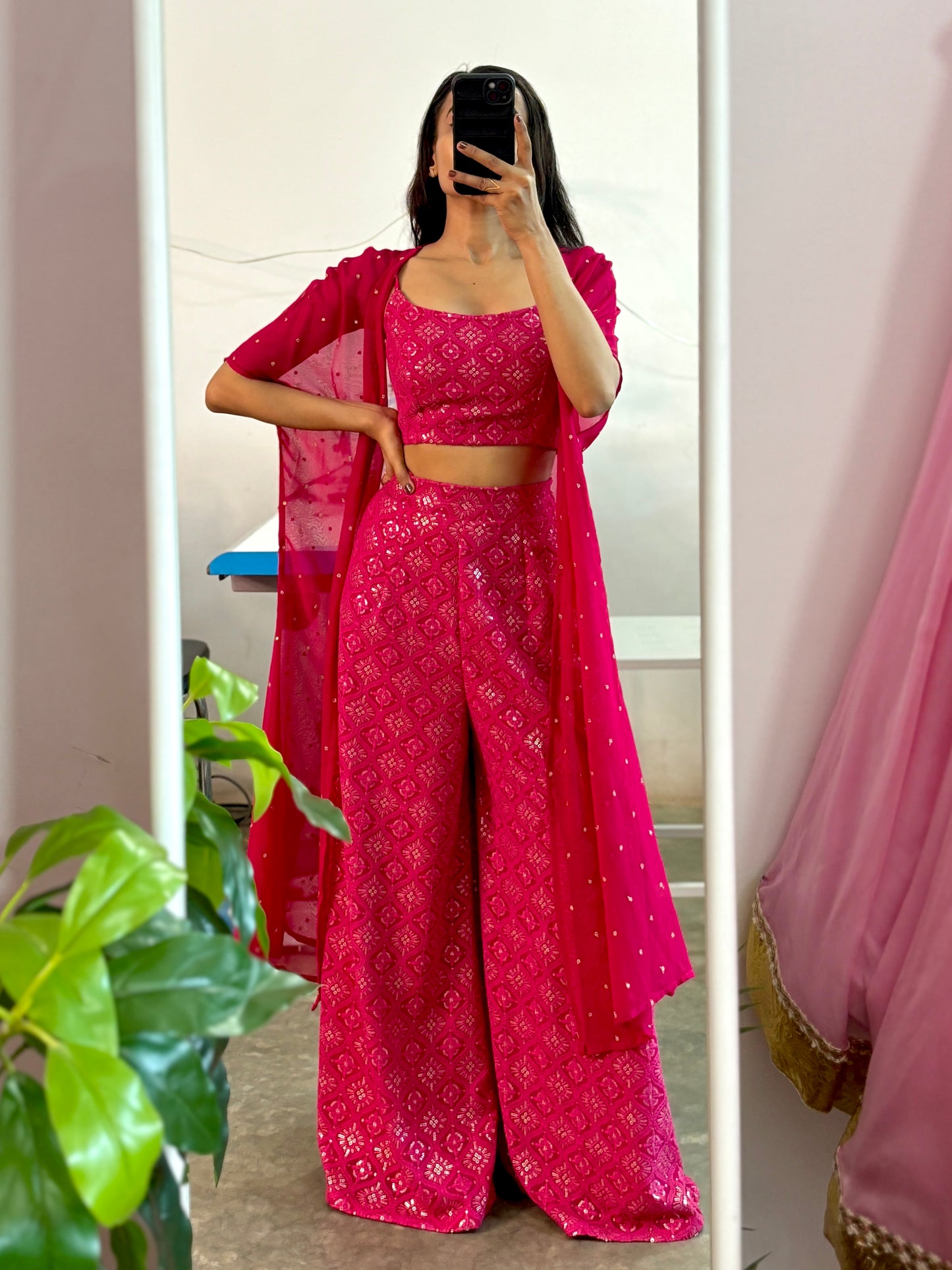 Pink embroidered coord set with cape