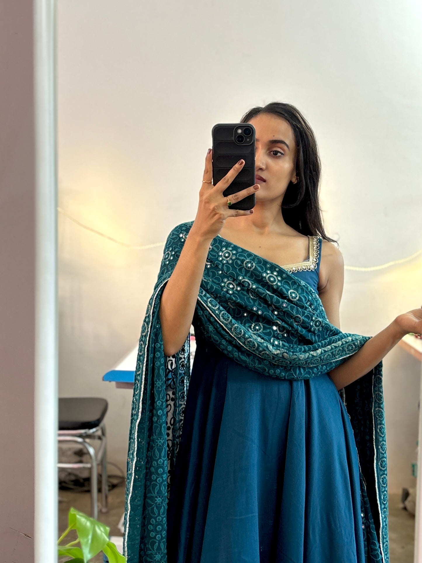 Teal plain Anarkali set with heavy duppatta