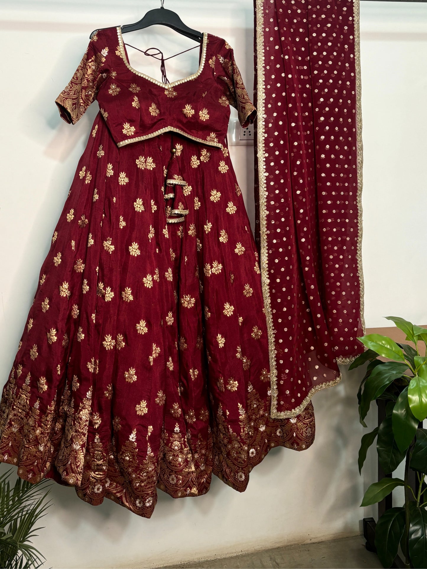 Maroon pure dola silk lehenga set