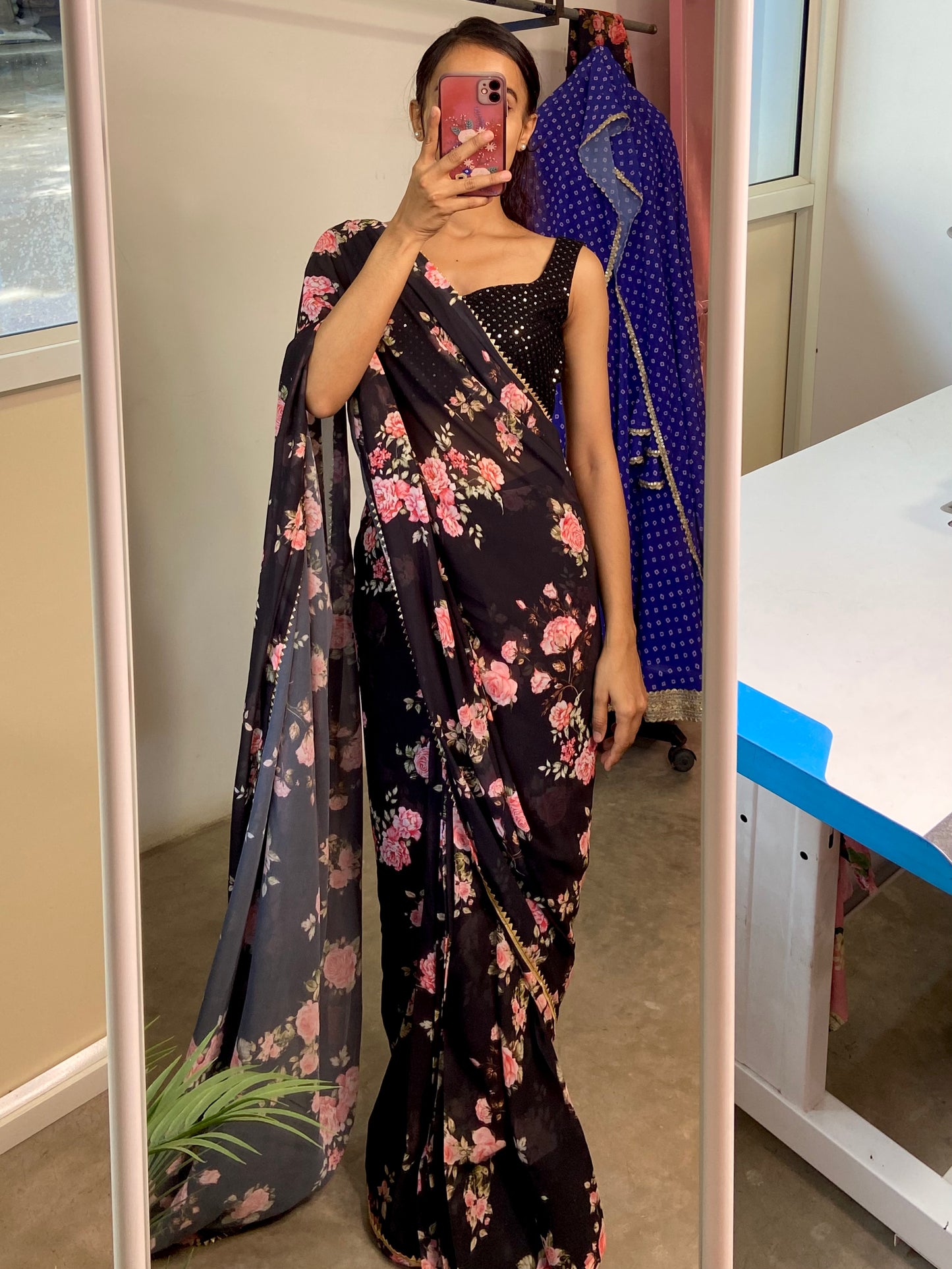 Black floral printed predraped saree