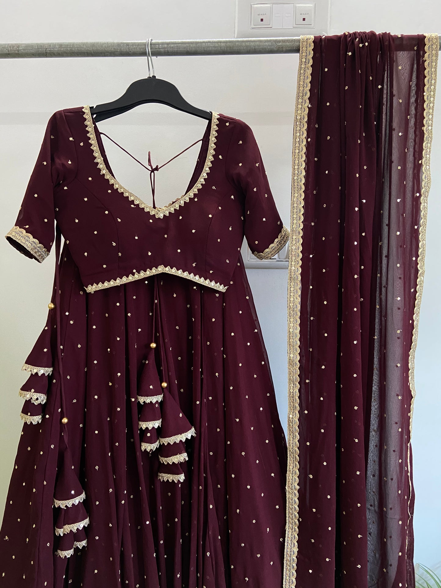 Dark maroon sequinned lehenga set