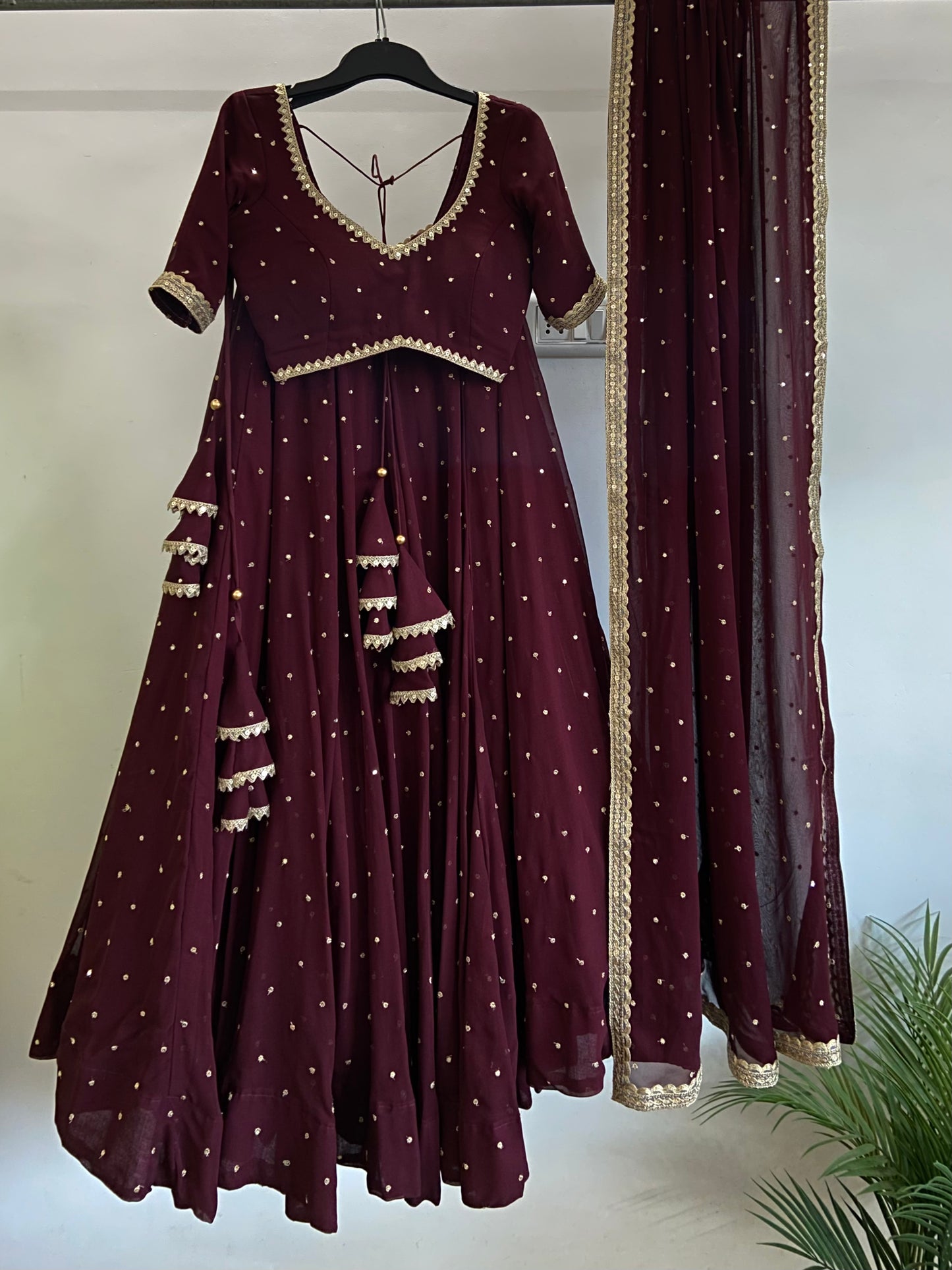 Dark maroon sequinned lehenga set