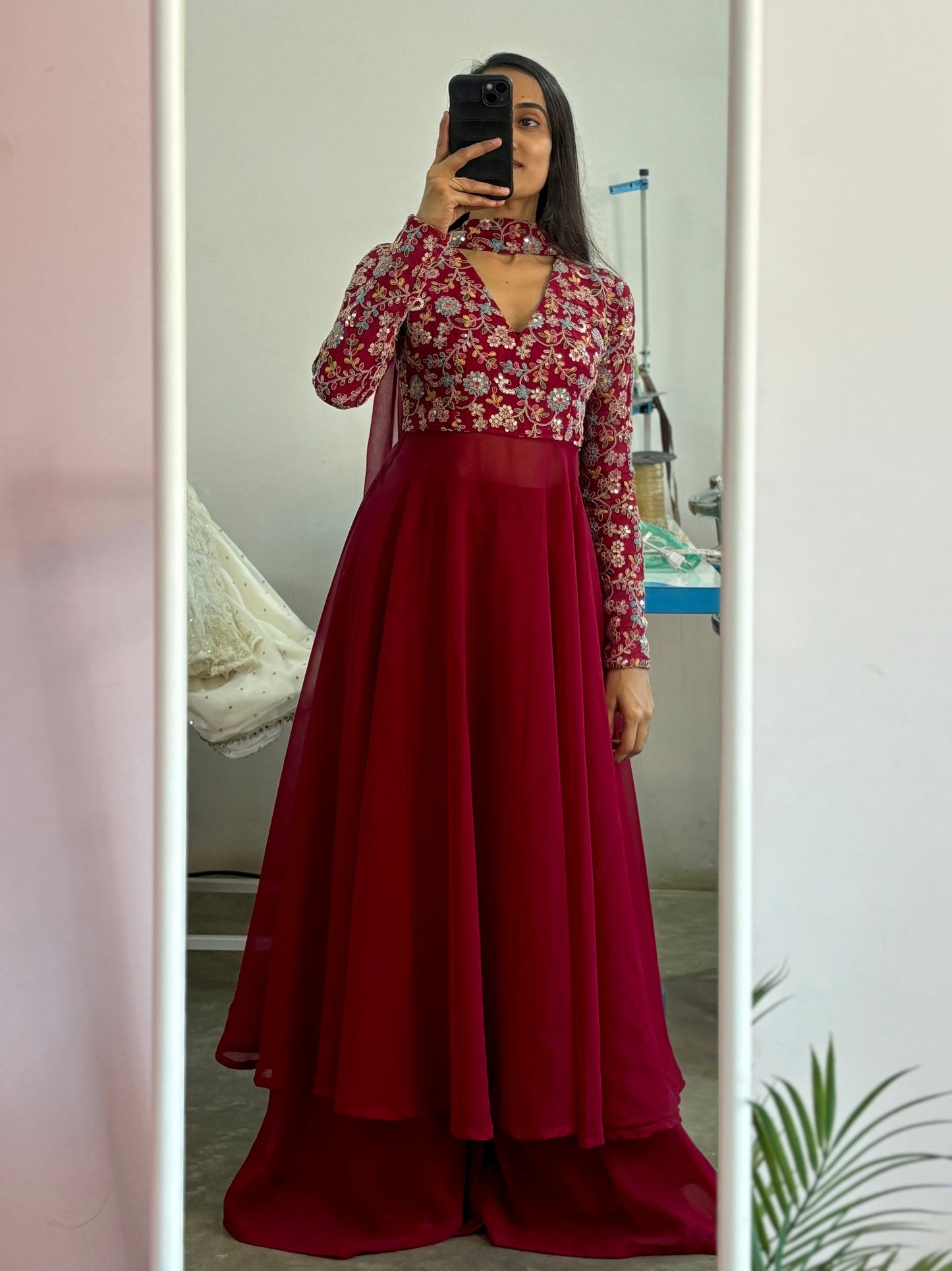 Magenta pink embroidered Anarkali set