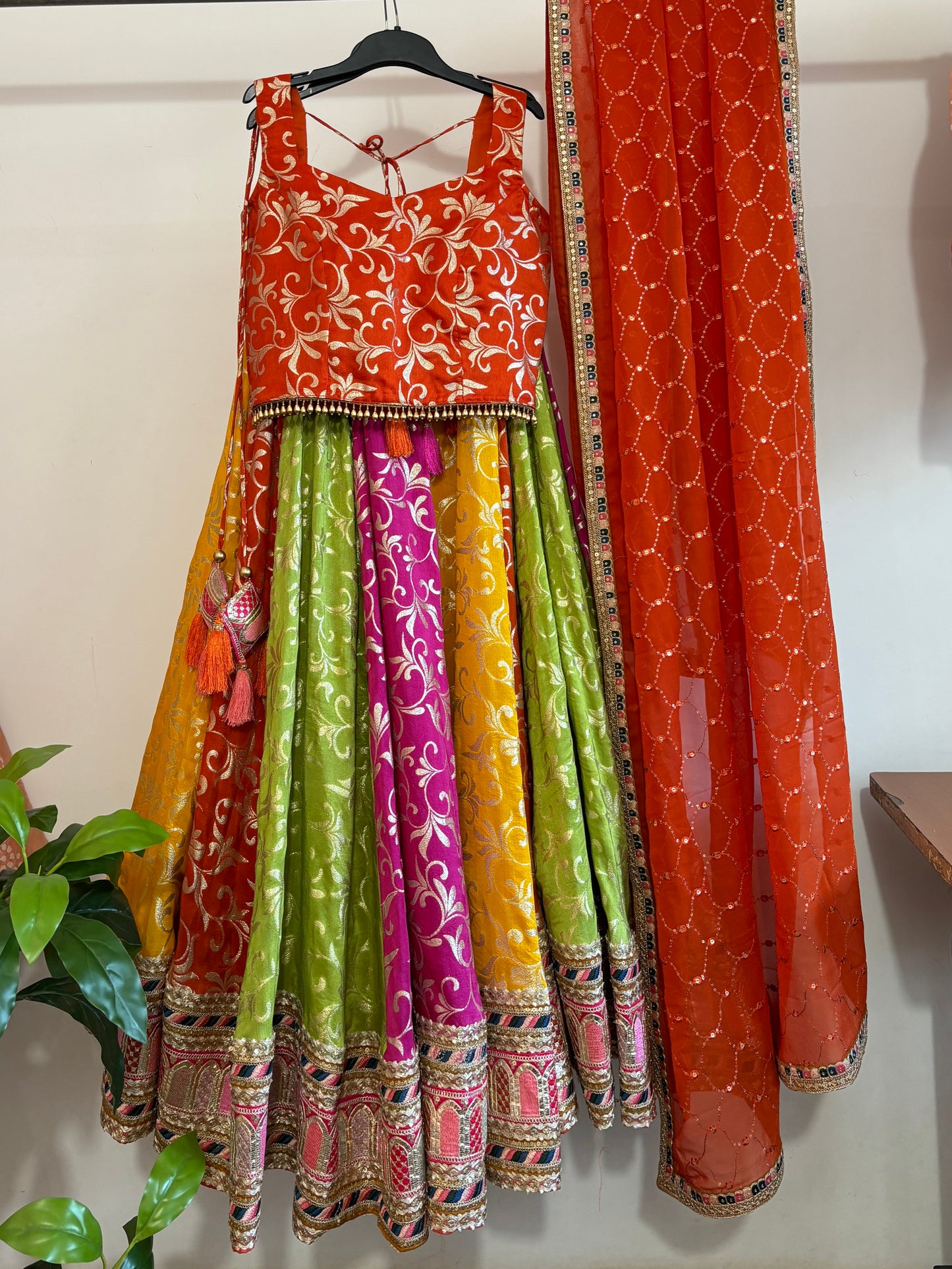Multicolour silk lehenga set