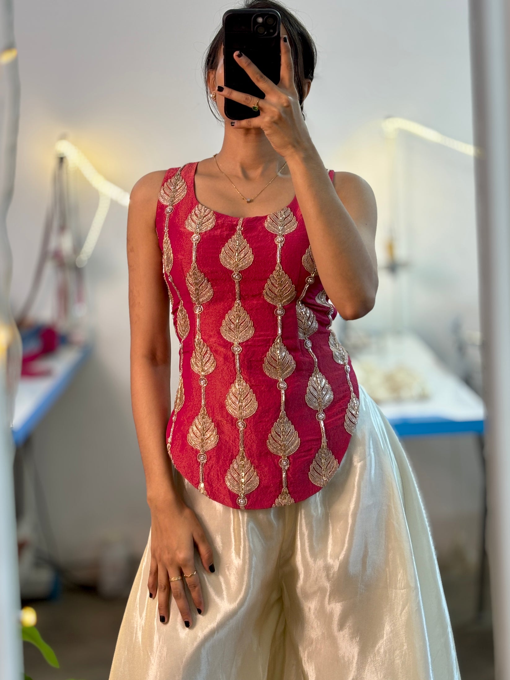 Women Pink Zari Embroidered Shirt Collar Top With Palazzos main image 0