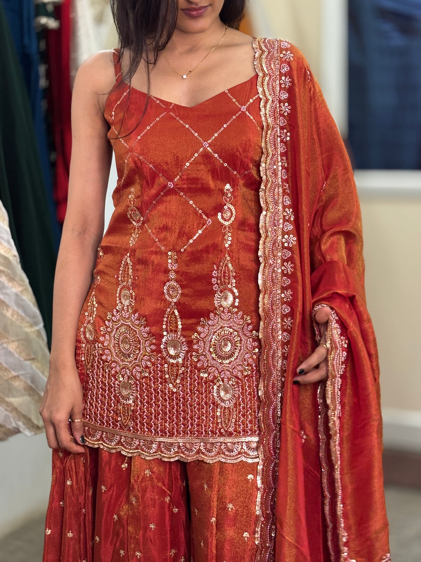 Rust orange tissue heavy work kurta palazzo set