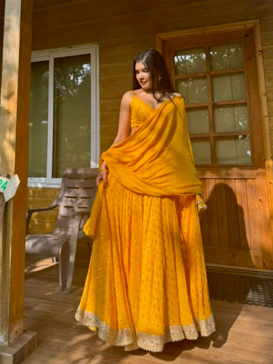 Yellow sequin work lehenga set