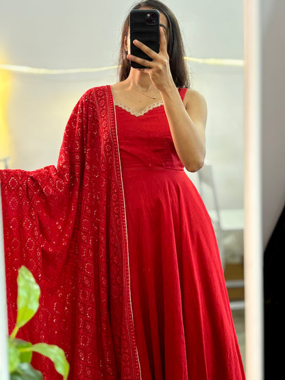 Red Chanderi Anarkali, with heavy embroidered dupatta