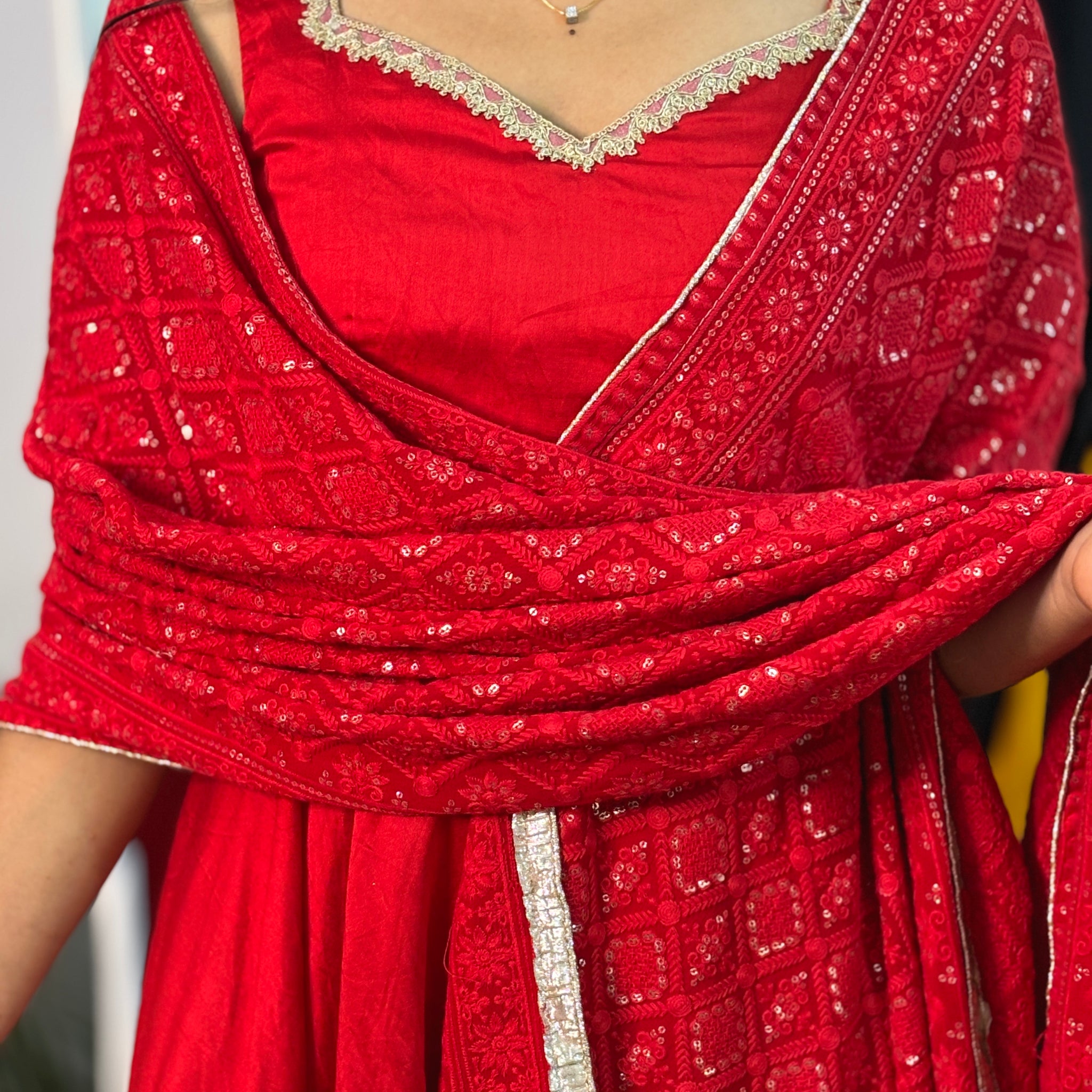 Red Chanderi Anarkali, with heavy embroidered dupatta