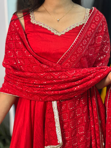 Red Chanderi Anarkali, with heavy embroidered dupatta