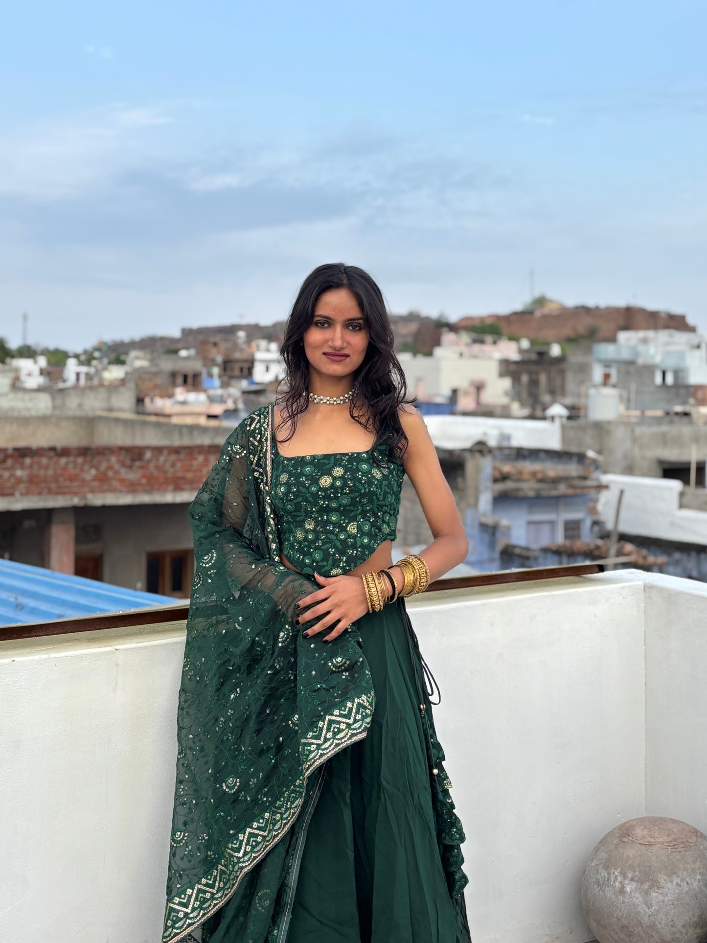 Bottle green corset-Lehenga set