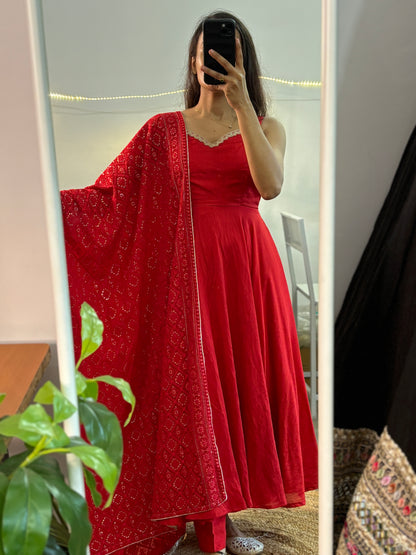 Red Chanderi Anarkali, with heavy embroidered dupatta