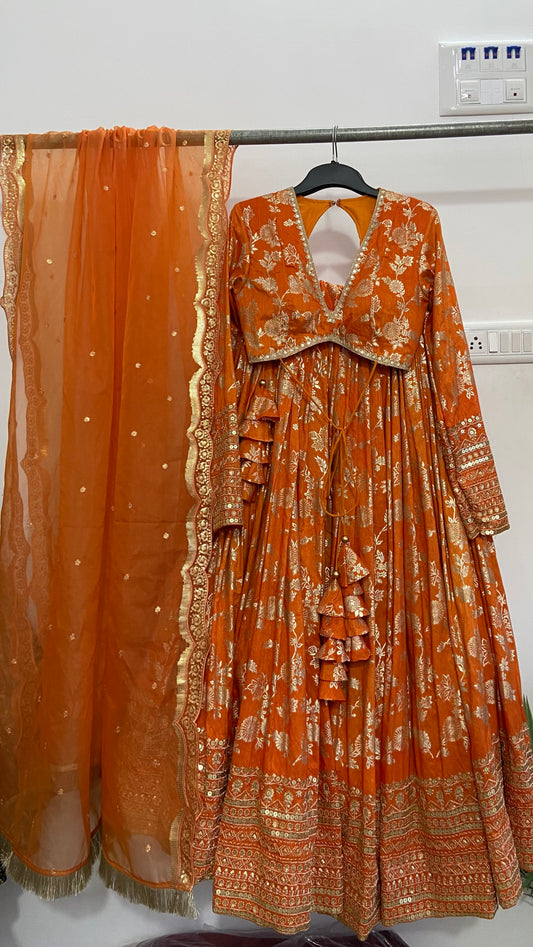 Rust orange Banarasi lehenga set