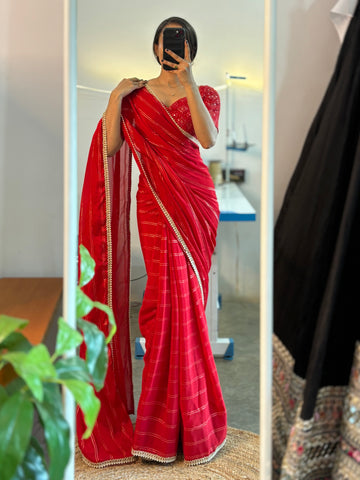 Red predraped saree with beaded border