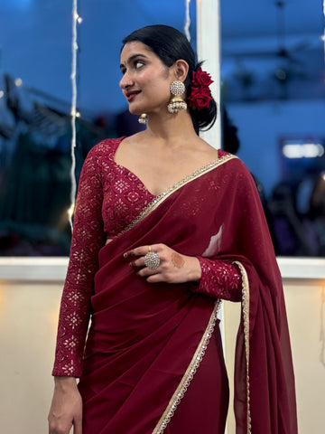 Maroon Georgette predraped saree